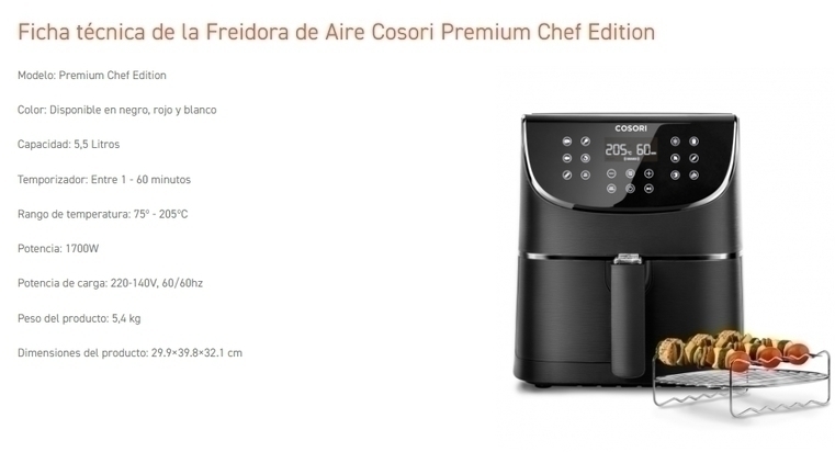 Freidora de Aire Cosori Premium Chef Edition Blanco, 5,5 Litros, 1700W, Freidoras